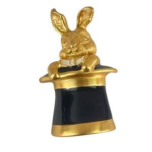 Rabbit In Hat Gold & Black Enamel Brooch Pin Vintage Mid Century Retro
